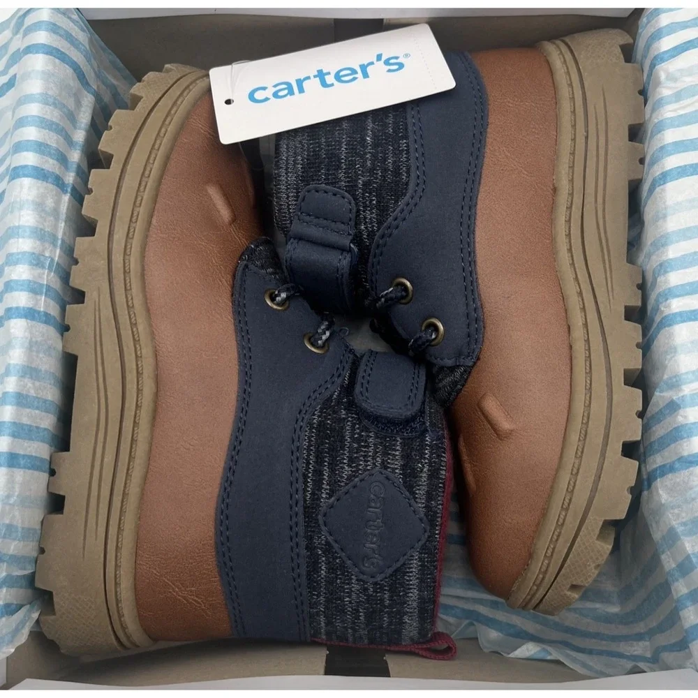 Carter's Little Boys Duck Ankle Boots Size 12 Navy Blue Brown Slip-on Shoes